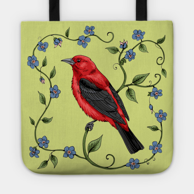 Scarlet Tanager with Forget-Me-Nots Tote by BirdsnStuff