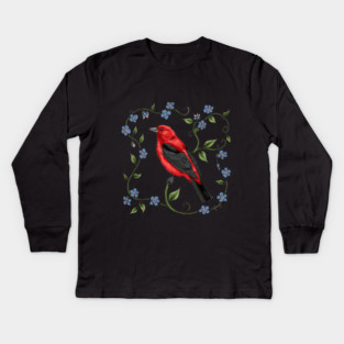 Scarlet Tanager with Forget-Me-Nots Kids Long Sleeve T-Shirt