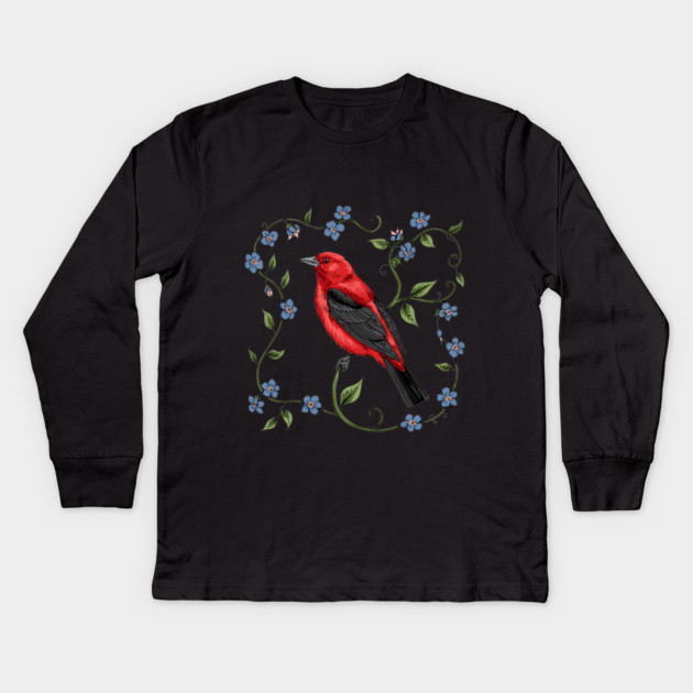Scarlet Tanager with Forget-Me-Nots Kids Long Sleeve T-Shirt by BirdsnStuff