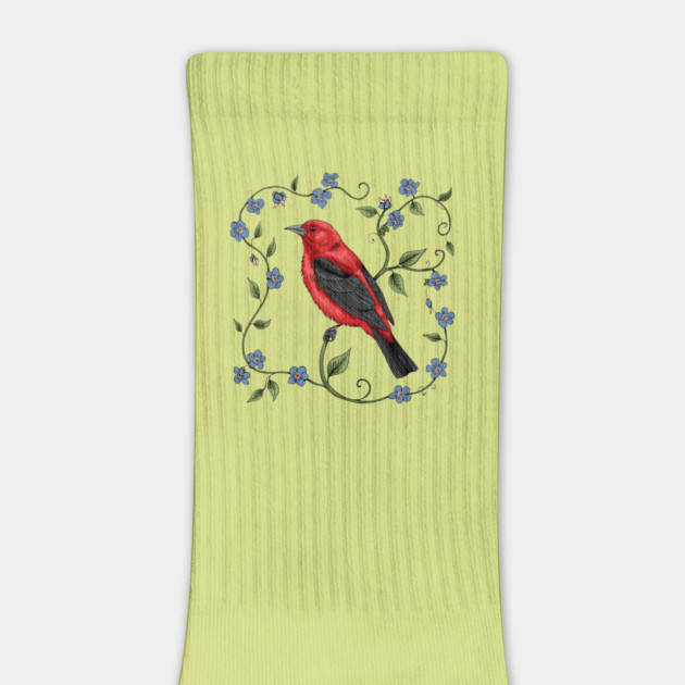 Scarlet Tanager with Forget-Me-Nots by BirdsnStuff
