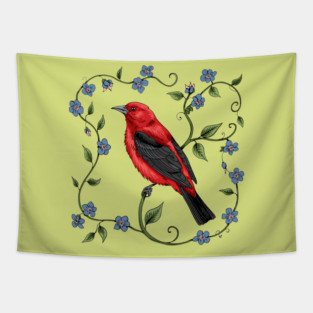Scarlet Tanager with Forget-Me-Nots Tapestry