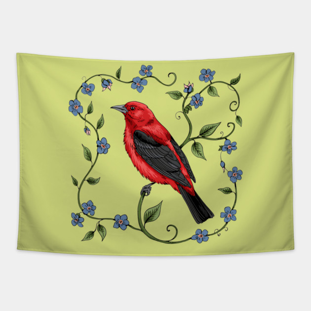 Scarlet Tanager with Forget-Me-Nots Tapestry by BirdsnStuff