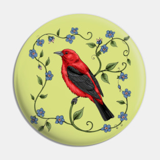 Scarlet Tanager with Forget-Me-Nots Pin