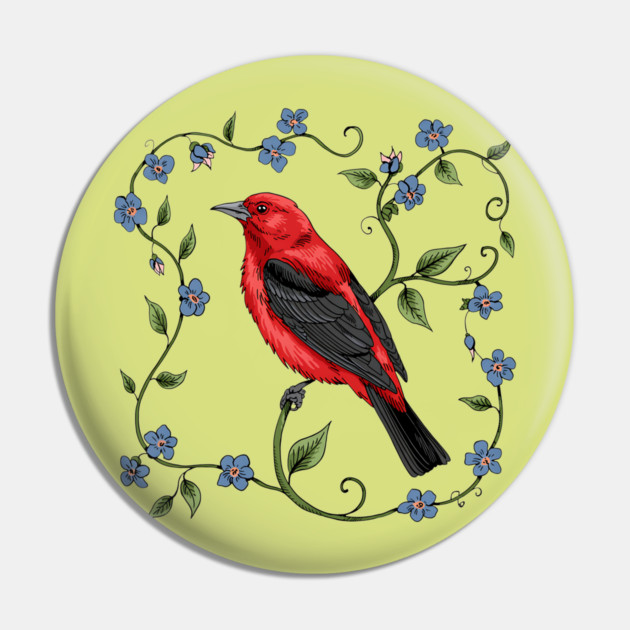 Scarlet Tanager with Forget-Me-Nots Pin by BirdsnStuff