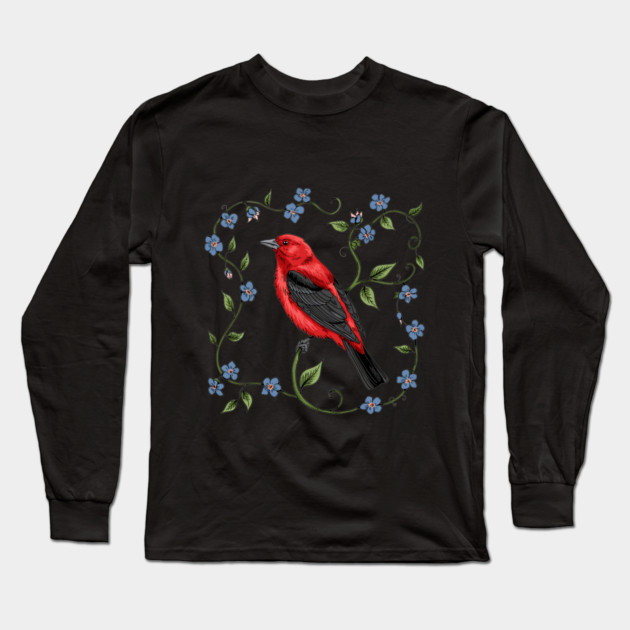 Scarlet Tanager with Forget-Me-Nots Long Sleeve T-Shirt by BirdsnStuff