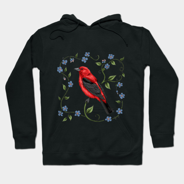 Scarlet Tanager with Forget-Me-Nots Hoodie by BirdsnStuff