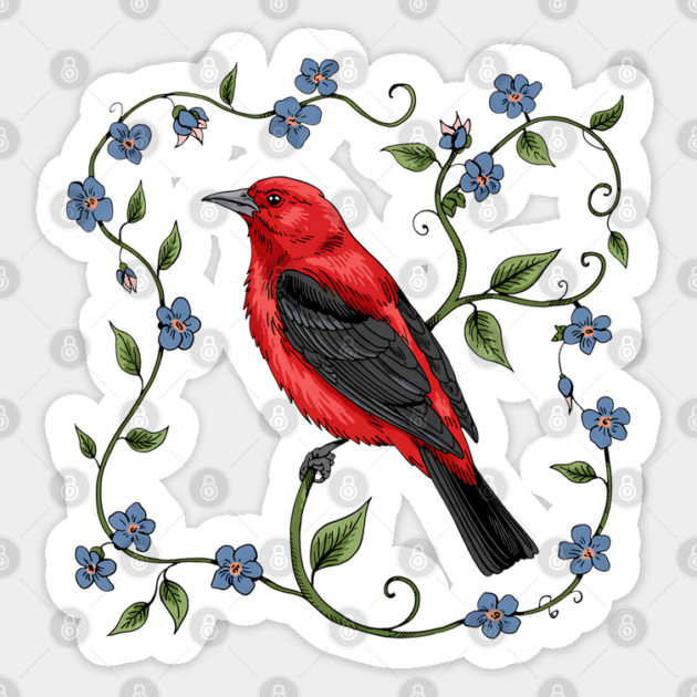 Scarlet Tanager with Forget-Me-Nots Sticker by BirdsnStuff