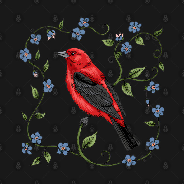 Scarlet Tanager with Forget-Me-Nots by BirdsnStuff