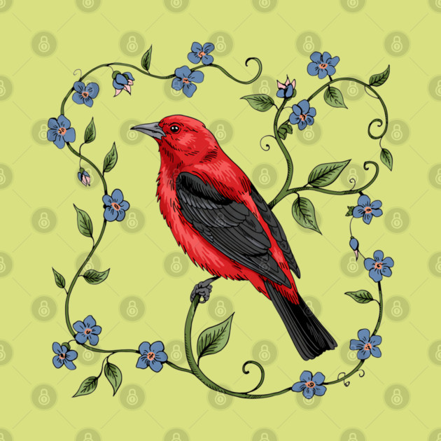 Scarlet Tanager with Forget-Me-Nots by BirdsnStuff