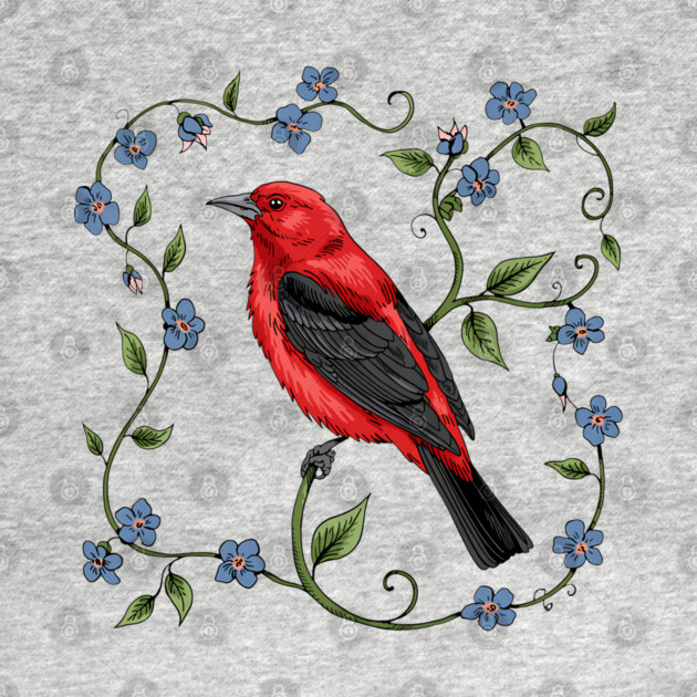 Scarlet Tanager with Forget-Me-Nots by BirdsnStuff