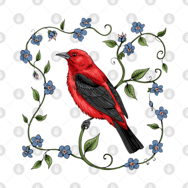 Scarlet Tanager with Forget-Me-Nots by BirdsnStuff