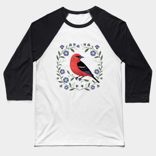 Scarlet Tanager with Blue Blossoms Baseball T-Shirt by BirdsnStuff