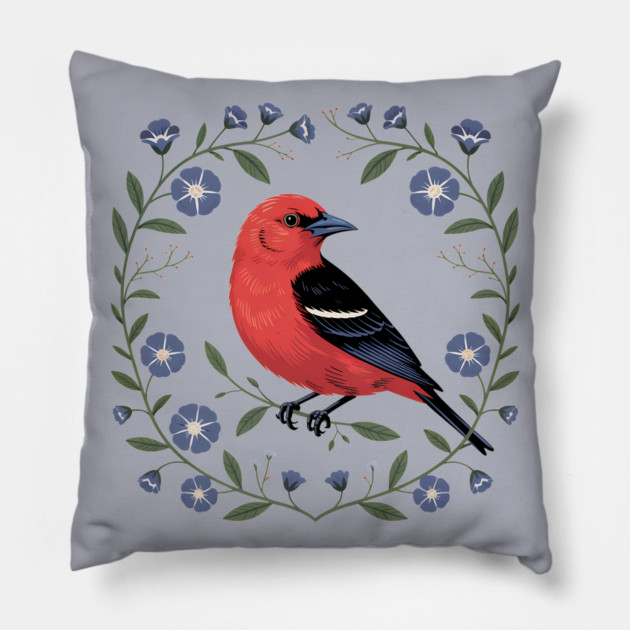 Scarlet Tanager with Blue Blossoms Pillow by BirdsnStuff