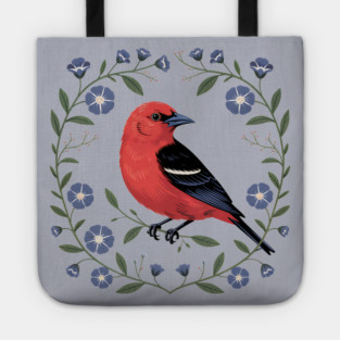 Scarlet Tanager with Blue Blossoms Tote
