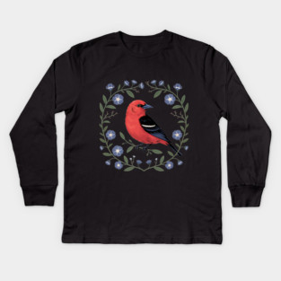Scarlet Tanager with Blue Blossoms Kids Long Sleeve T-Shirt