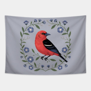 Scarlet Tanager with Blue Blossoms Tapestry