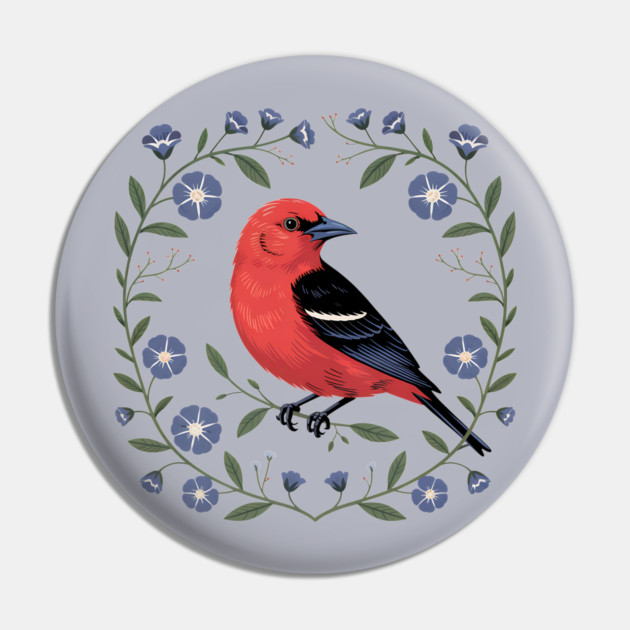 Scarlet Tanager with Blue Blossoms Pin by BirdsnStuff