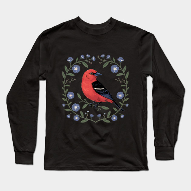 Scarlet Tanager with Blue Blossoms Long Sleeve T-Shirt by BirdsnStuff
