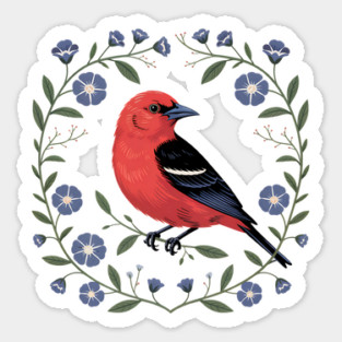Scarlet Tanager with Blue Blossoms Sticker