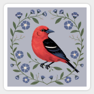 Scarlet Tanager with Blue Blossoms Magnet