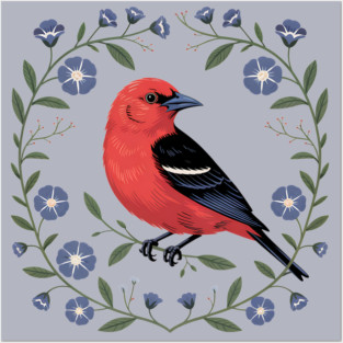 Scarlet Tanager with Blue Blossoms Posters and Art