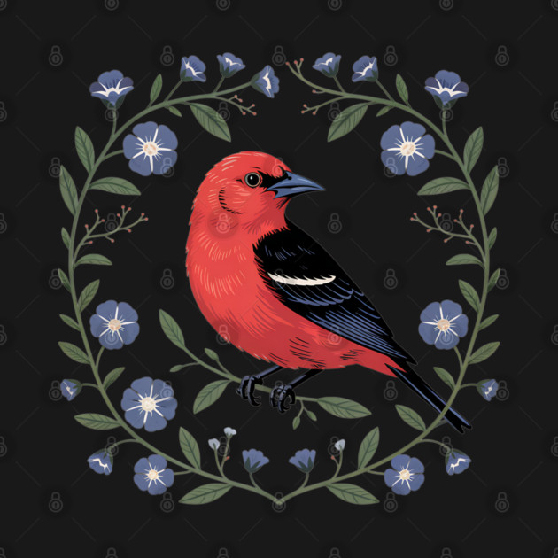Scarlet Tanager with Blue Blossoms by BirdsnStuff