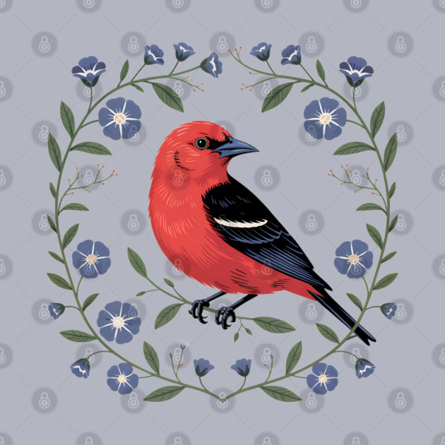 Scarlet Tanager with Blue Blossoms by BirdsnStuff