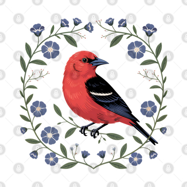 Scarlet Tanager with Blue Blossoms by BirdsnStuff