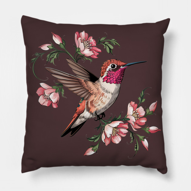 Rufous Hummingbird with Pink Blossoms Pillow by BirdsnStuff
