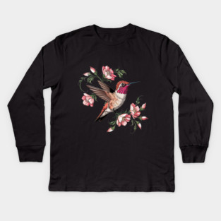 Rufous Hummingbird with Pink Blossoms Kids Long Sleeve T-Shirt