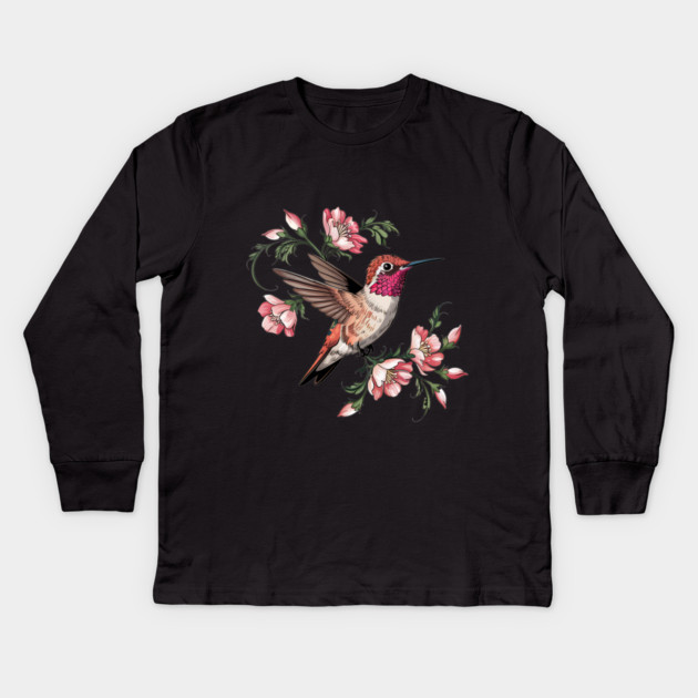 Rufous Hummingbird with Pink Blossoms Kids Long Sleeve T-Shirt by BirdsnStuff