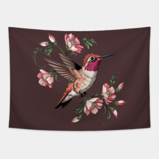 Rufous Hummingbird with Pink Blossoms Tapestry