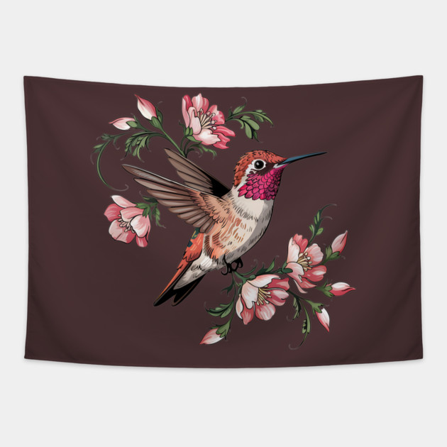 Rufous Hummingbird with Pink Blossoms Tapestry by BirdsnStuff