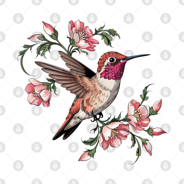 Rufous Hummingbird with Pink Blossoms by BirdsnStuff