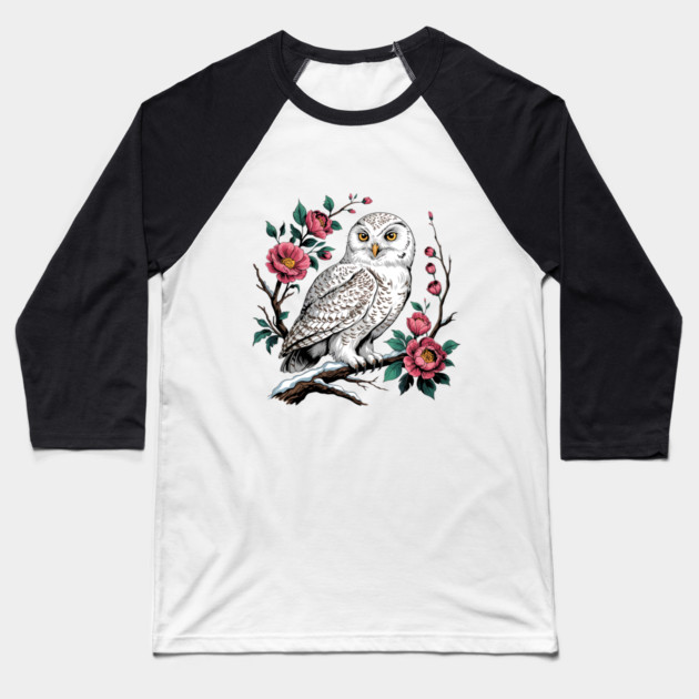Snowy Owl Among Winter Blossoms Baseball T-Shirt by BirdsnStuff
