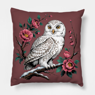 Snowy Owl Among Winter Blossoms Pillow