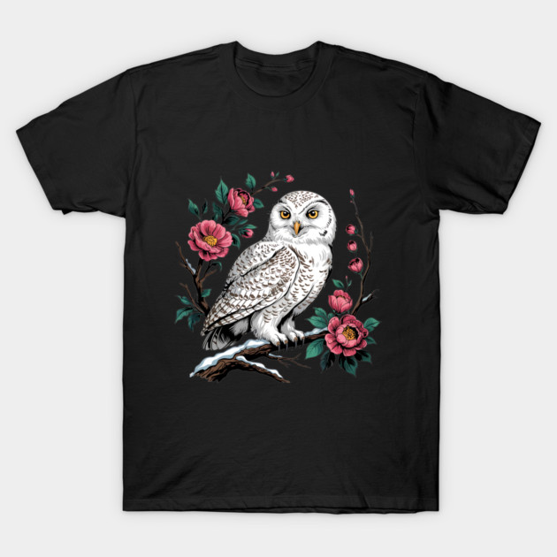 Snowy Owl Among Winter Blossoms T-Shirt by BirdsnStuff