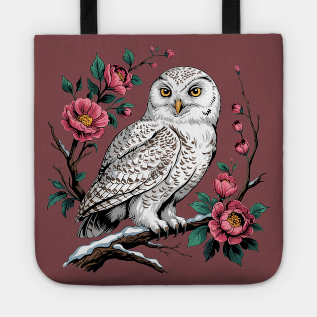 Snowy Owl Among Winter Blossoms Tote by BirdsnStuff