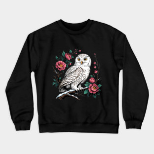 Snowy Owl Among Winter Blossoms Crewneck Sweatshirt