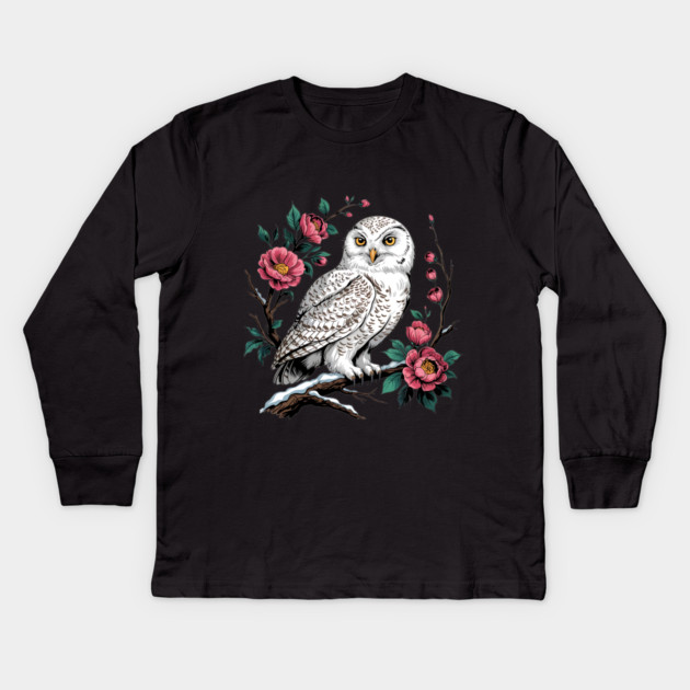 Snowy Owl Among Winter Blossoms Kids Long Sleeve T-Shirt by BirdsnStuff