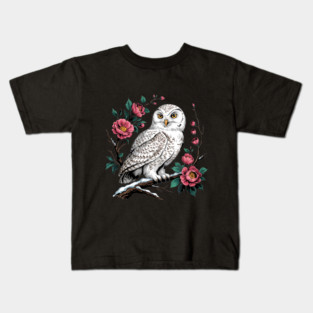 Snowy Owl Among Winter Blossoms Kids T-Shirt