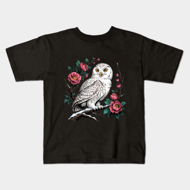 Snowy Owl Among Winter Blossoms Kids T-Shirt by BirdsnStuff