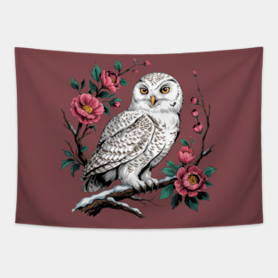 Snowy Owl Among Winter Blossoms Tapestry