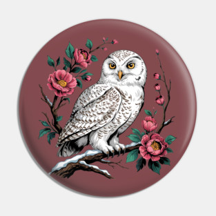 Snowy Owl Among Winter Blossoms Pin