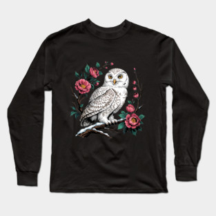 Snowy Owl Among Winter Blossoms Long Sleeve T-Shirt
