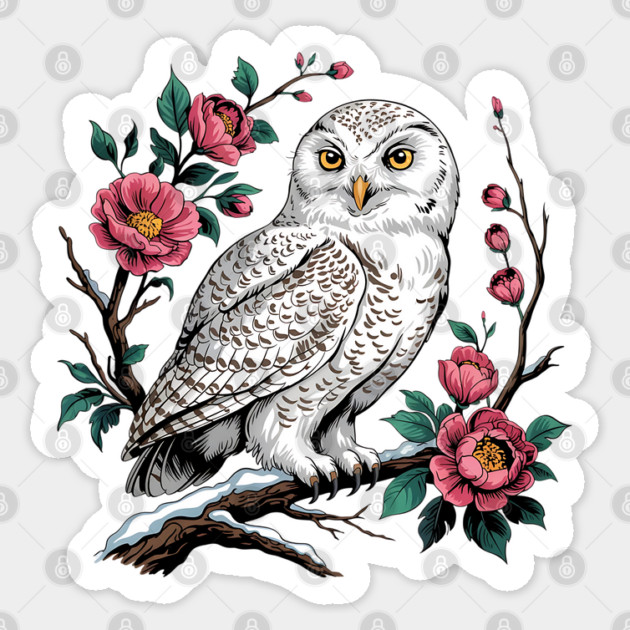 Snowy Owl Among Winter Blossoms Sticker by BirdsnStuff