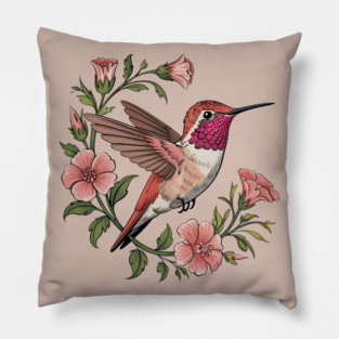 Rufous Hummingbird Among Blossoms Pillow