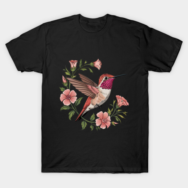 Rufous Hummingbird Among Blossoms T-Shirt by BirdsnStuff