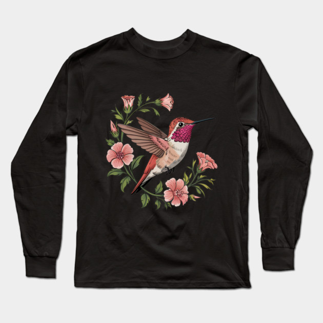 Rufous Hummingbird Among Blossoms Long Sleeve T-Shirt by BirdsnStuff