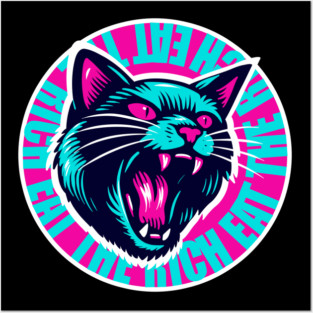 Eat The Rich Angry Cat in Turquoise and Pink Posters and Art